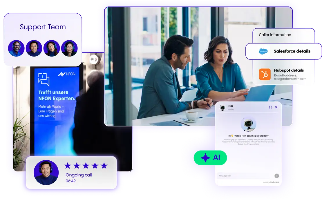 NFON AI assistant with support team, CRM caller details, and cloud telephony interface
